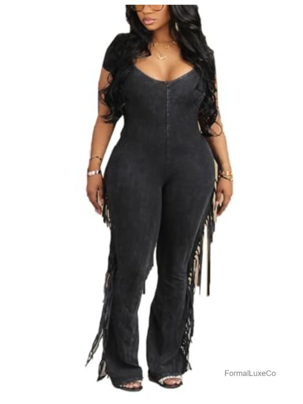 Polyester Sexy V Neck Fringe Short Sleeve Bell Bottom Jumpsuit Romper Party